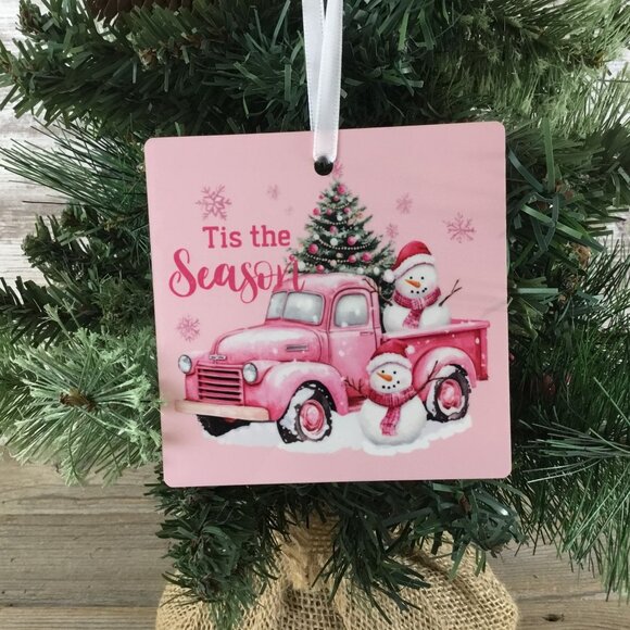 Tis the Season Snowman Pink Truck 3.5" Square Wooden Ornament - Picture 1 of 5